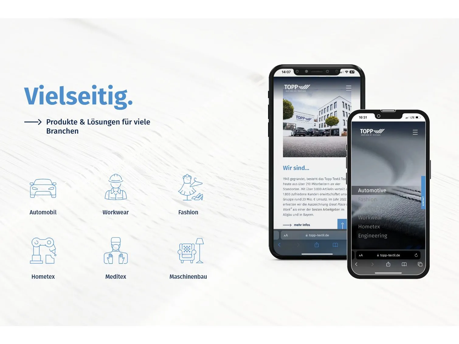 Einblick in die Website Entwicklung von TOPP Textiles - realisiert durch greiterundcie.