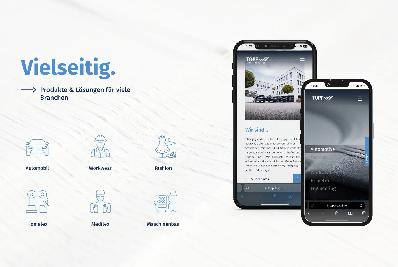 Einblick in die Website Entwicklung von TOPP Textiles - realisiert durch greiterundcie.